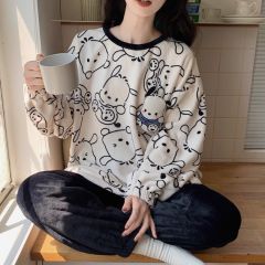日本睡衣女款秋冬季珊瑚绒长袖长裤加绒加厚甜美家居服套装可外穿